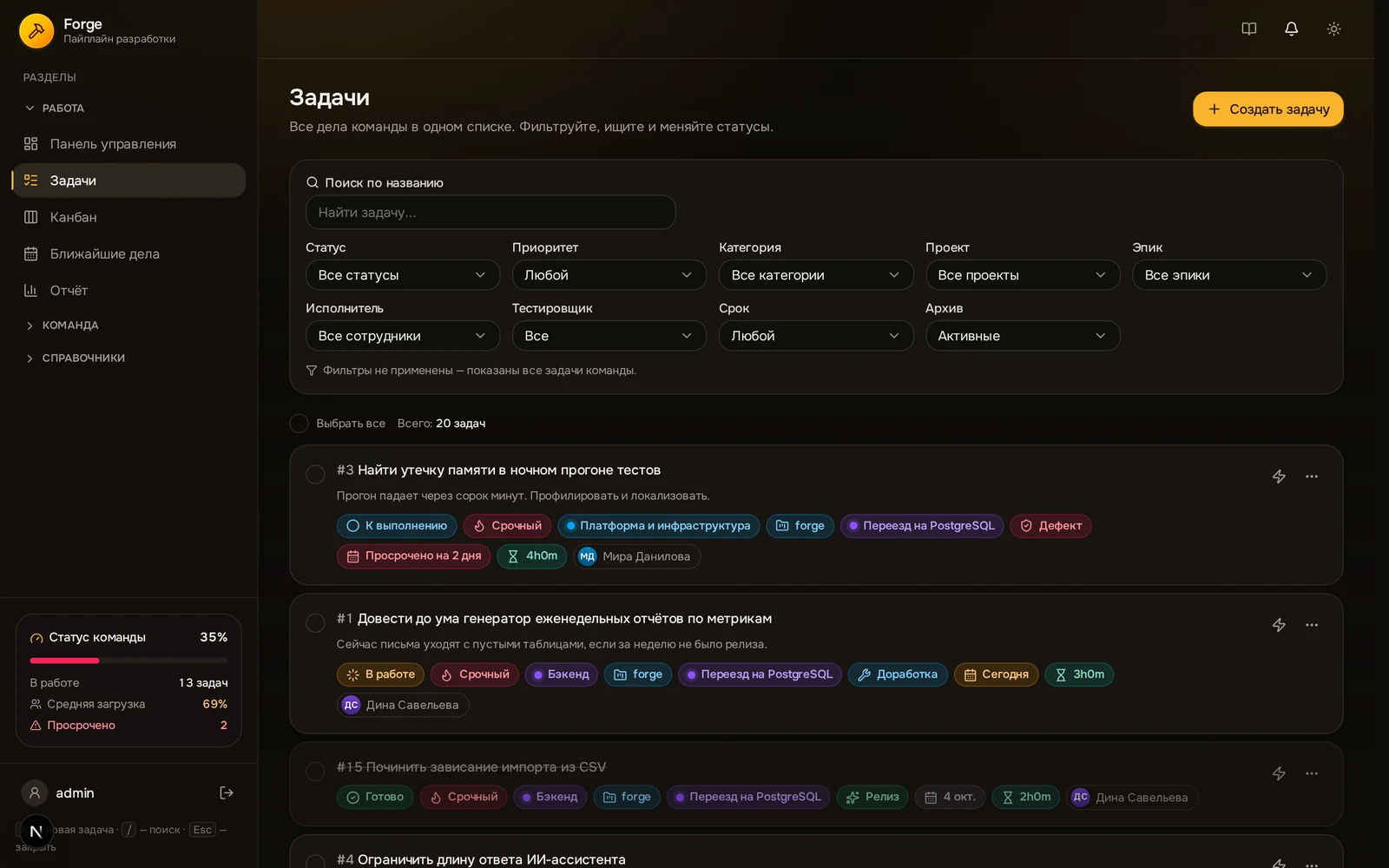 Список задач Forge с фильтрами, приоритетами, сроками и оценками