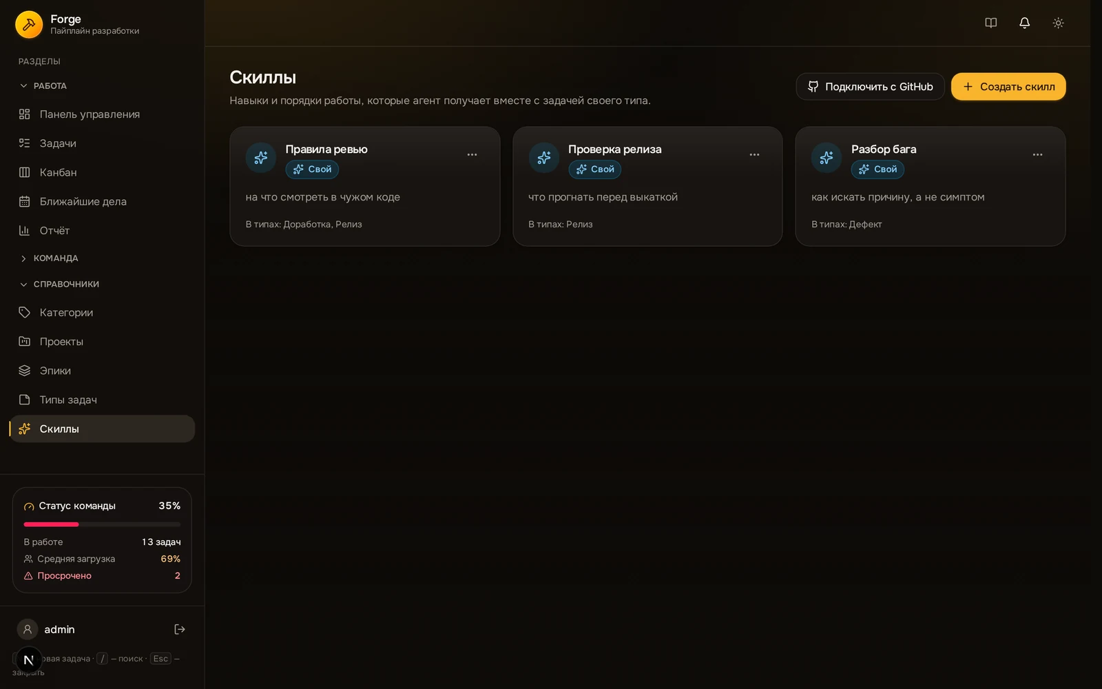 Раздел «Скиллы» в Forge: список скиллов с описаниями